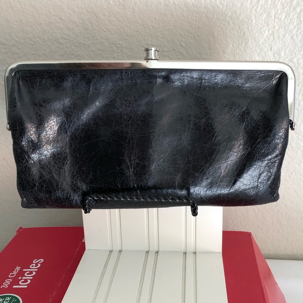 HOBO international Lauren clutch black leather with silver tone hardware wallet